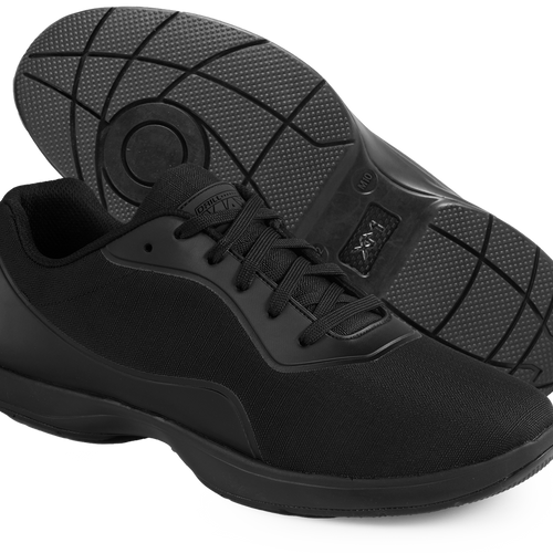 Drillmaster DrillMax marching shoes in black, featuring a breathable mesh and synthetic upper, lace-up athletic design, cushioned ankle support, flexible shock-absorbing sole, and high-traction outsole engineered for marching band, drill team, drum corps, and long rehearsal performances requiring stability, comfort, and durability.