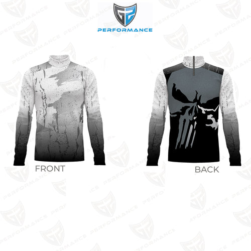 Flow Flex Top F016.2 performance long sleeve top shown in front and back views, featuring a grey-to-black gradient abstract print with high-neck collar and bold graphic back design, ideal for marching band and athletic performance wear