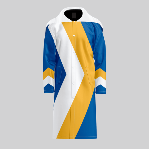 Front view of TempoShield Raincoat T9 showcasing a full-length marching band raincoat with white shoulder cape, bold diagonal color-block design in royal blue, white, and gold, snap-button front closure, long sleeves with matching chevron accents, and a durable waterproof construction designed for outdoor band performances.