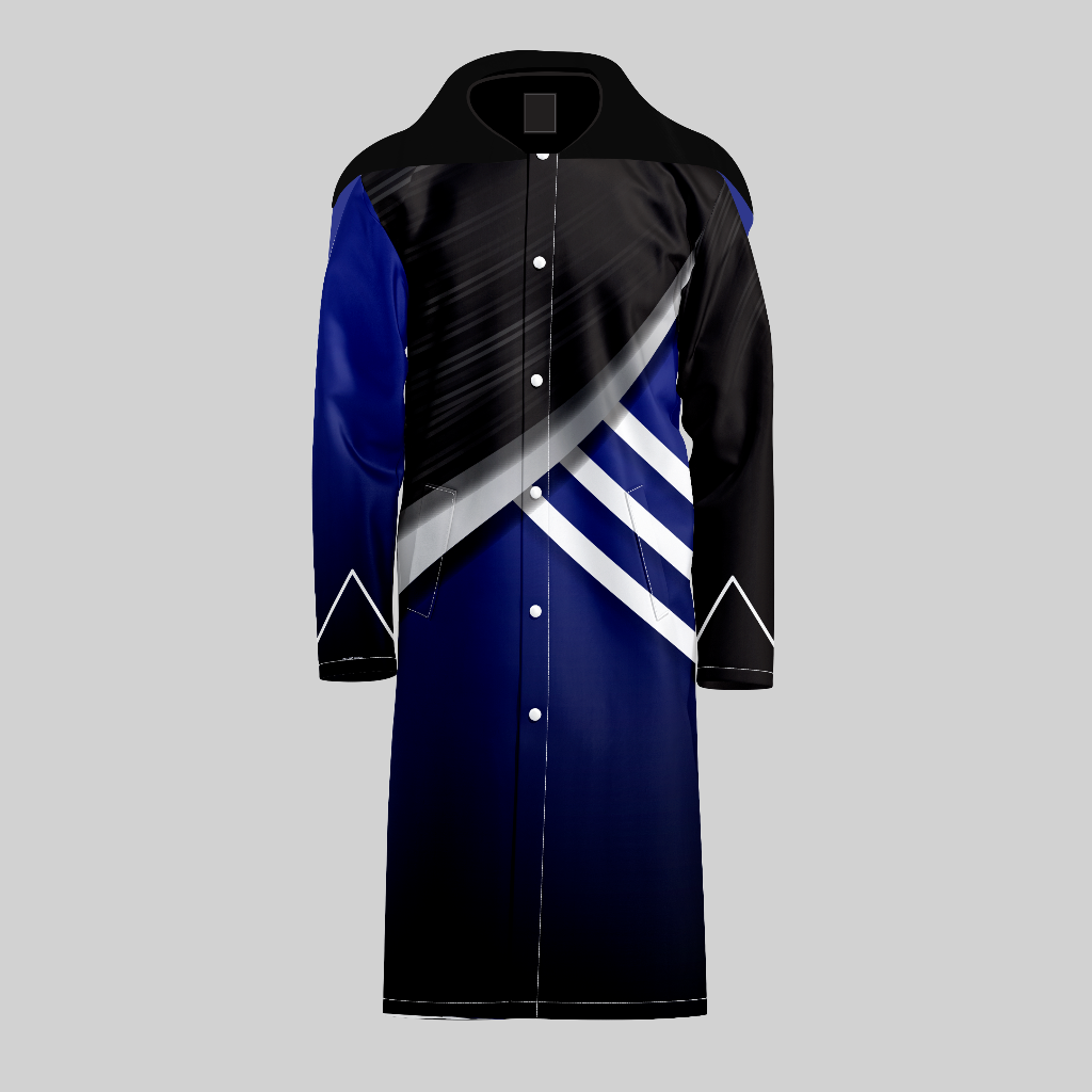 TempoShield Raincoat T8 featuring a full-length marching band raincoat with black shoulder cape, deep blue and black color blocking, dynamic diagonal silver and white stripe accents, button-front closure, and waterproof performance design for outdoor marching and show band use.