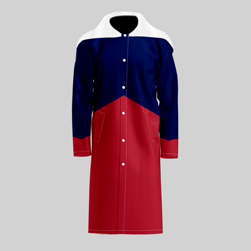 TempoShield Raincoat T3 front view featuring a full-length waterproof marching band raincoat with a navy blue upper body, red lower panel, white shoulder cape, snap-button front closure, long sleeves, and performance-ready design for all-weather outdoor use.