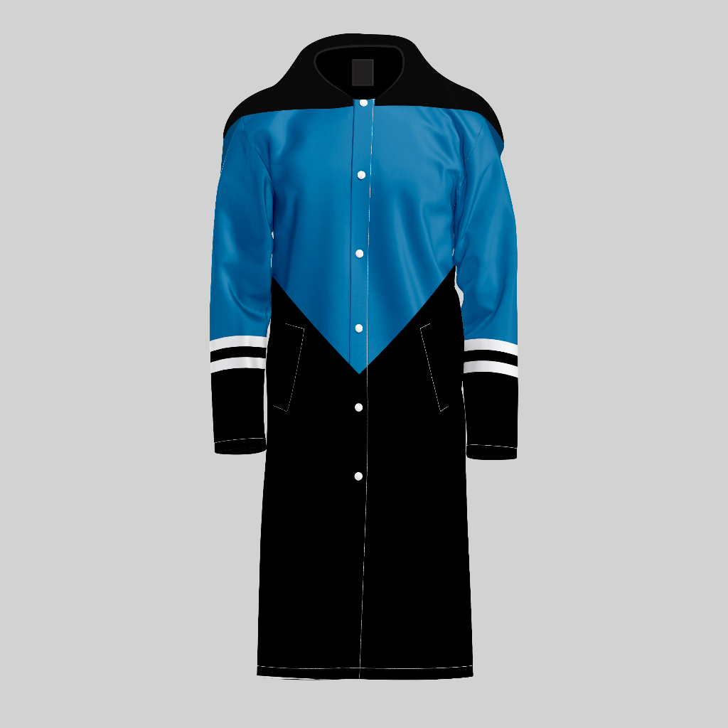 TempoShield Raincoat T7 front view featuring a full-length marching band raincoat with sky blue upper panel, black lower body, black shoulder cape, snap-button front closure, dual front pockets, and white double-stripe sleeve cuffs, designed for waterproof protection and professional band uniforms during outdoor performances.