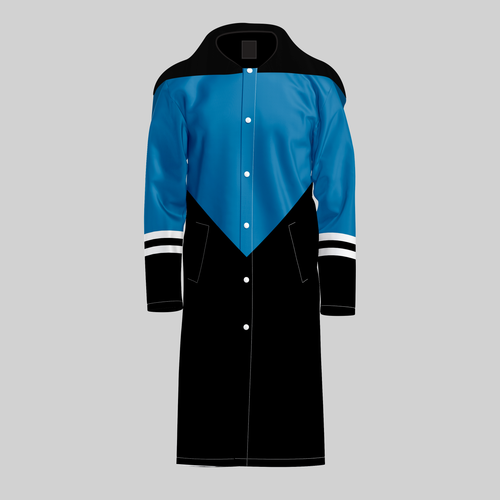 TempoShield Raincoat T7 front view featuring a full-length marching band raincoat with sky blue upper panel, black lower body, black shoulder cape, snap-button front closure, dual front pockets, and white double-stripe sleeve cuffs, designed for waterproof protection and professional band uniforms during outdoor performances.