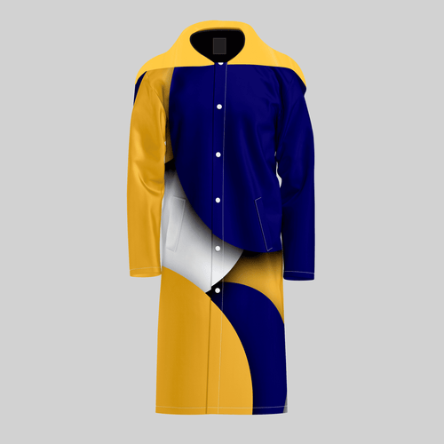 TempoShield Raincoat T11 front view featuring a full-length waterproof marching band raincoat with deep blue and mustard yellow color blocking, curved white accent panel, snap-button front closure, and hooded shoulder cape, designed for high-performance band rainwear and outdoor protection.