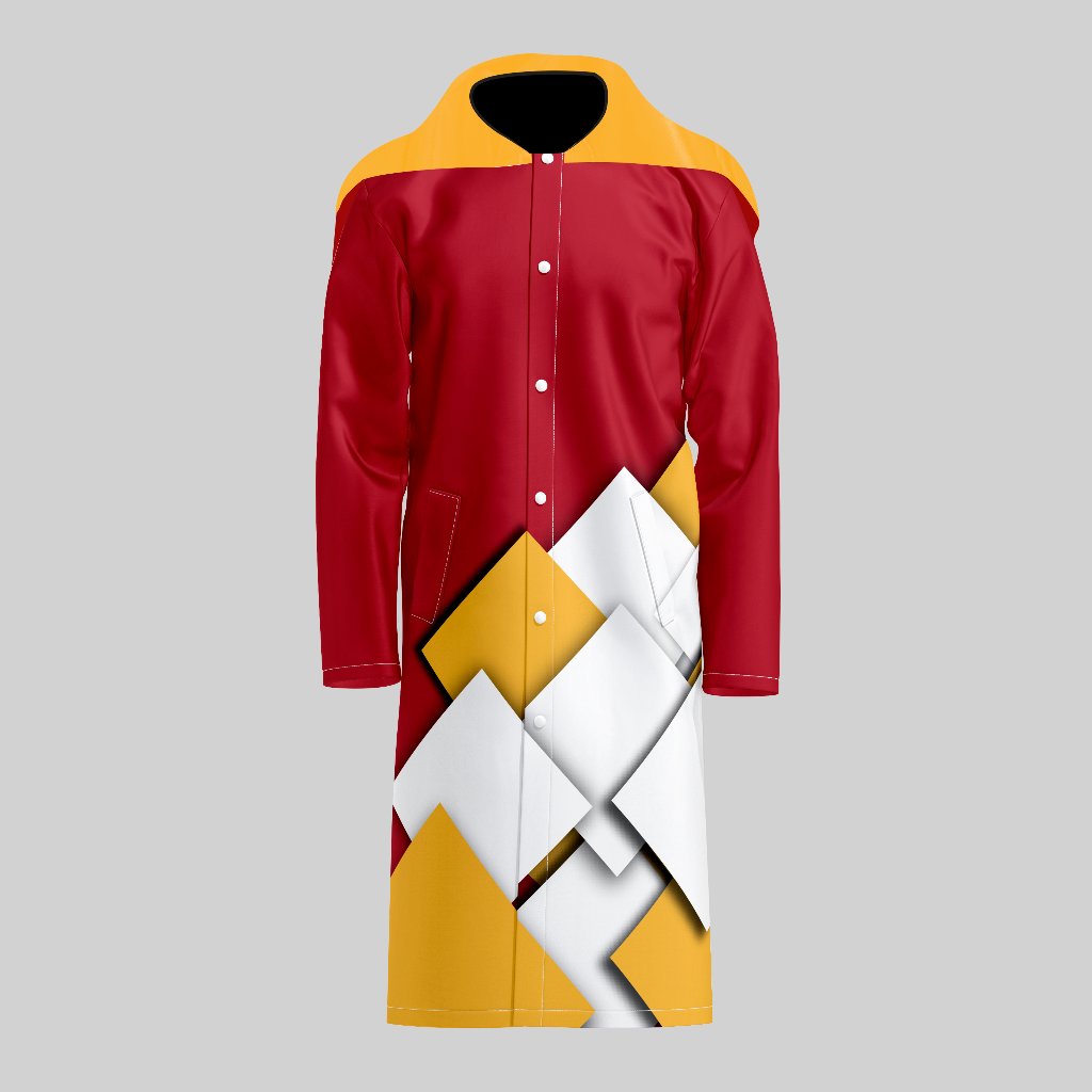 TempoShield Raincoat T10 featuring a full-length waterproof design with a maroon base, mustard yellow accents, and modern geometric white panel detailing, ideal for performance marching band rainwear and outdoor use.