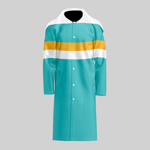 TempoShield Raincoat T2 front view featuring a teal waterproof marching band raincoat with a white shoulder cape, snap-button front closure, functional side pockets, and bold horizontal accent stripes in gold and white across the chest for high-visibility performance wear.
