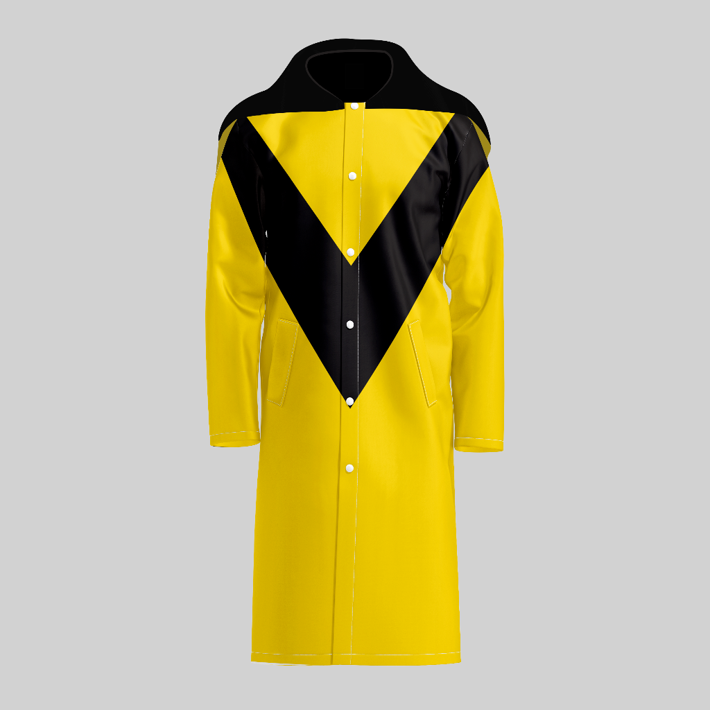 TempoShield Raincoat T4 front view featuring a full-length waterproof marching band raincoat in bold yellow with a black V-shaped chevron panel, snap-button front closure, long sleeves, functional side pockets, and a performance-focused design ideal for parades, outdoor performances, and all-weather events.