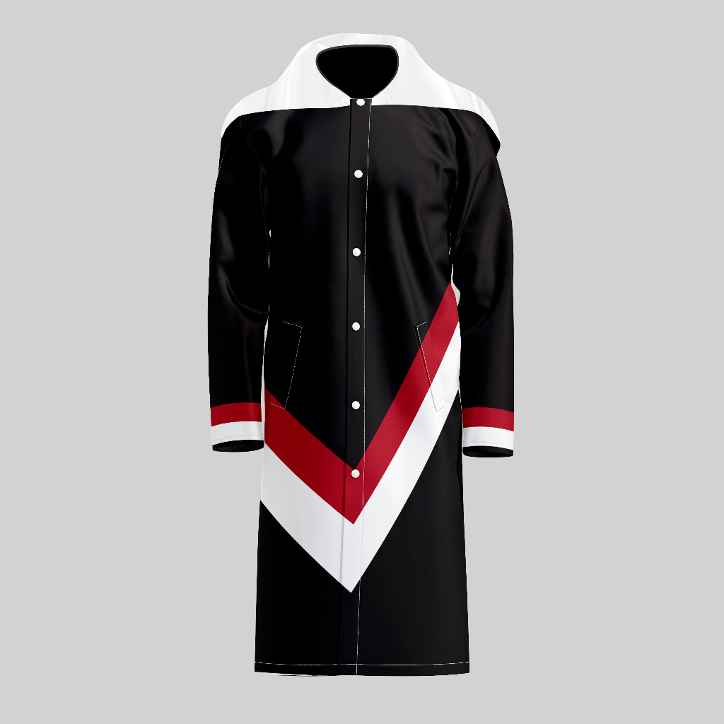 TempoShield Raincoat T6 front view showing a full-length black waterproof marching band raincoat with a white shoulder cape, bold red and white chevron stripe design on the lower front, snap-button front closure, striped sleeve cuffs, and durable all-weather construction designed for outdoor marching band and performance use.