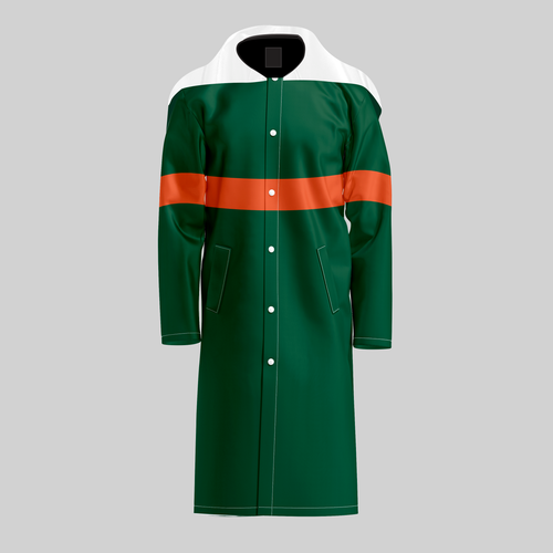 TempoShield Raincoat T1 front view featuring a dark green waterproof marching band raincoat with white hood, snap-button closure, and contrasting orange horizontal chest stripe, designed for performance and outdoor protection.