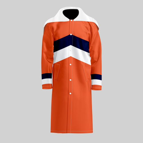 TempoShield Raincoat T5 front view featuring a full-length orange waterproof marching band raincoat with bold navy and white chevron striping across the chest, white shoulder cape, snap-button front closure, long sleeves, and functional pockets, designed for high-visibility outdoor performances and all-weather protection.