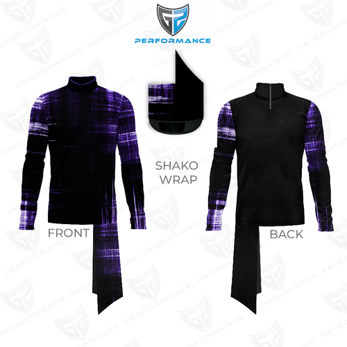 Flow Flex Top FG010 performance uniform top with black and purple abstract pattern, front and back views shown with shako wrap detail, long sleeve mock neck design on white background