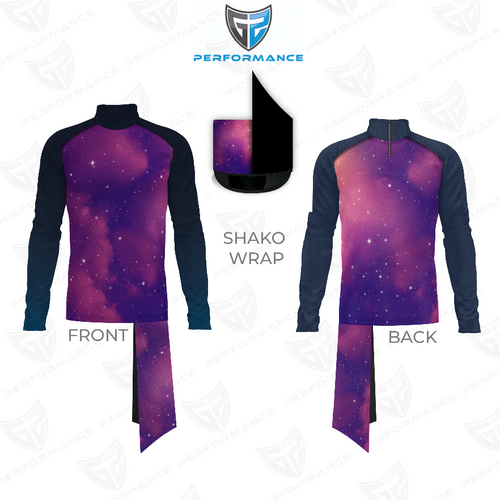 Flow Flex Top FG019 long sleeve performance top with galaxy print, front and back view with matching shako wrap accessory displayed
