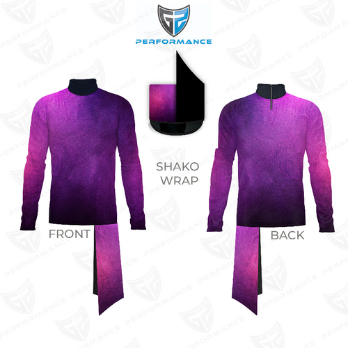 Flow Flex Top FG012 front and back view with shako wrap, purple gradient performance long sleeve top for marching band and athletic uniforms