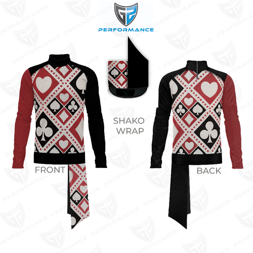 Flow Flex Top FG013 long sleeve performance uniform showing front and back views with red, black, and white playing card design featuring hearts, spades, clubs, and diamonds, including matching shako wrap