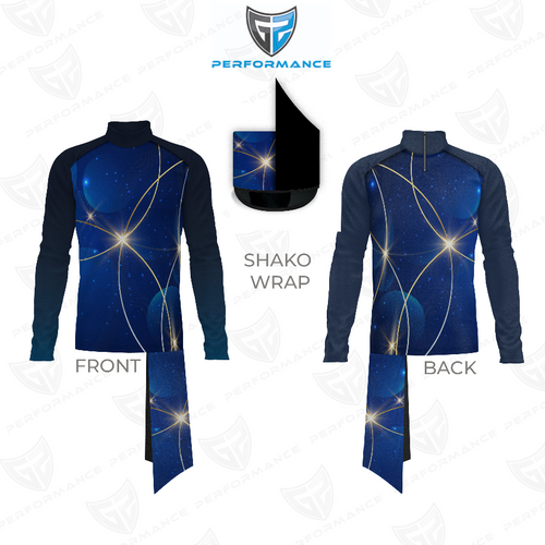Flow Flex Top FG014 front and back view performance uniform with blue galaxy design, long sleeves, high collar, and matching shako wrap, ideal for marching band and color guard