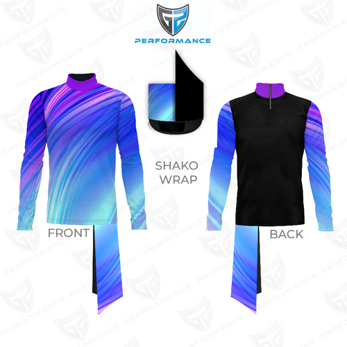 Flow Flex Top FG015 performance uniform with purple and blue gradient swirl design, front and back views with shako wrap accessory