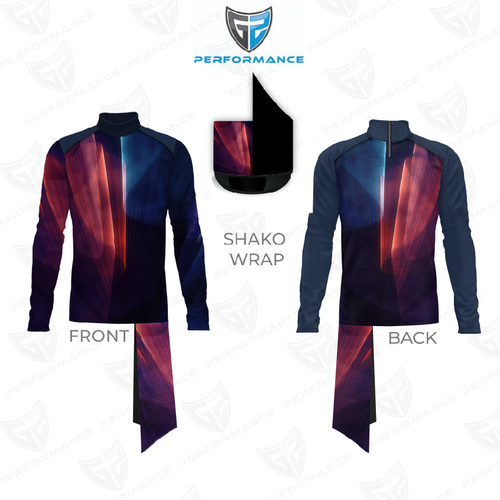 Flow Flex Top FG001 long sleeve performance top showing front and back views with matching shako wrap and red blue gradient design