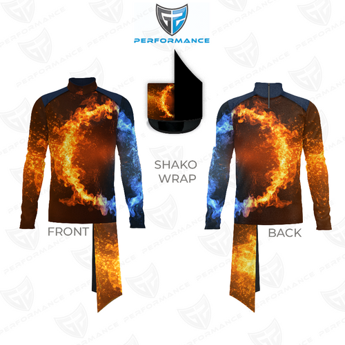 Flow Flex Top FG002 long sleeve performance top showing front and back views with matching shako wrap and fire and ice inspired graphic design