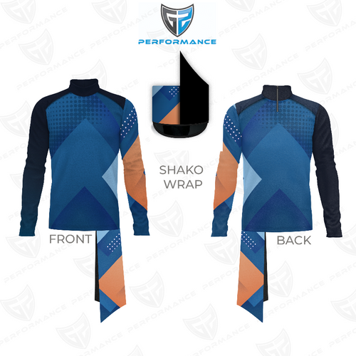 Flow Flex Top FG003 long sleeve performance top showing front and back views with matching shako wrap and blue geometric pattern design