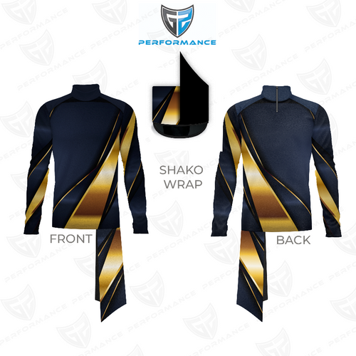 Flow Flex Top FG004 long sleeve performance top showing front and back views with matching shako wrap and navy and gold diagonal accent design