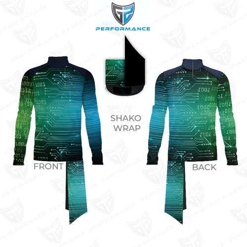Flow Flex Top FG005 long sleeve performance top showing front and back views with matching shako wrap and green and blue digital circuit pattern design