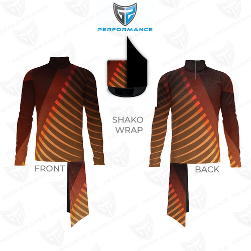 Flow Flex Top FG006 long sleeve performance top showing front and back views with matching shako wrap and brown and orange diagonal stripe gradient design
