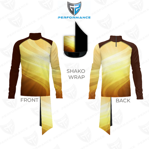 G2 Performance Flow Flex Top FG007 long sleeve marching band uniform with yellow-to-brown gradient design, front and back view with matching shako wrap