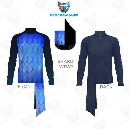 Flow Flex Top FG008 front and back view performance uniform top with blue diamond-pattern front, solid navy back, long sleeves, mock neck, and matching shako wrap for marching band wear