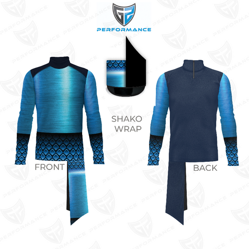 Flow Flex Top FG009 performance marching band uniform showing front and back views with blue gradient fabric, textured geometric sleeve panels, and matching shako wrap for coordinated on-field design