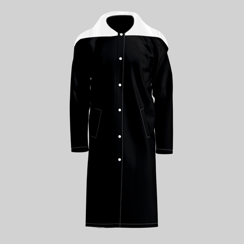 TempoShield T0 raincoat featuring a long-length black waterproof design with white shoulder panel, snap-button front closure, and streamlined silhouette, engineered for marching band conductors and outdoor performance use in wet weather.