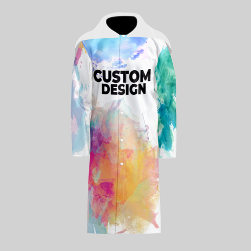 Custom TempoShield Raincoat front view featuring a full-length waterproof marching band raincoat with a white base, vibrant watercolor-style multicolor custom print, bold “Custom Design” lettering, snap-button front closure, and hooded shoulder cape, ideal for fully customized band rainwear and all-weather performance use.