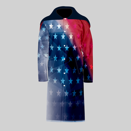 TempoShield Raincoat C3 front view featuring a full-length waterproof marching band raincoat with a navy hooded shoulder cape, patriotic star pattern in red, white, and blue gradient tones, snap-button front closure, and bold performance-ready design for all-weather band events and outdoor use.