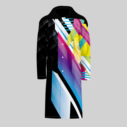 TempoShield Raincoat C2 front view featuring a full-length waterproof marching band raincoat with a black hooded shoulder cape, bold abstract geometric design in blue, purple, yellow, white, and black, snap-button front closure, and high-impact modern styling for all-weather band performances.