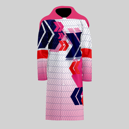 TempoShield Raincoat C1 front view featuring a full-length waterproof marching band raincoat with a pink hooded shoulder cape, bold geometric chevron pattern in navy, white, red, and pink, snap-button front closure, and high-visibility modern design for all-weather band performances and outdoor protection.
