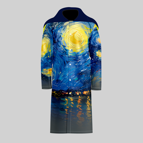 TempoShield Raincoat C4 front view featuring a full-length waterproof marching band raincoat with a navy hooded shoulder cape and an artistic swirling night-sky inspired design in deep blue and golden yellow, snap-button front closure, and premium all-weather construction for standout outdoor band performances.