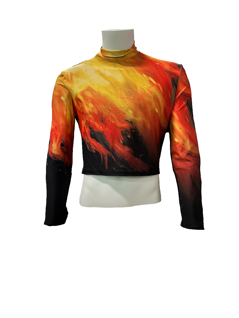 A black band shirt with a striking flame design in orange and yellow, displayed on a mannequin.
