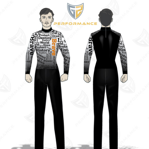 Flow Flex Top F001 marching band uniform shown in front and back view, featuring performance stretch fabric, long sleeves, mock neck design, and bold typographic graphics for competitive marching bands