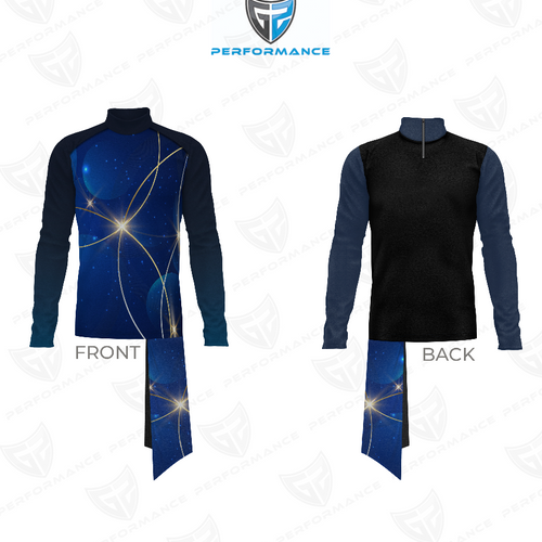Flow Flex Top FG014.2 front and back view showing navy blue performance uniform top with abstract starburst design and matching shako wrap