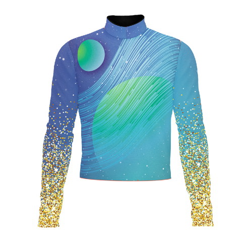 Marching Band Flow Flex Performance Top G088 with long sleeves and high-neck design, featuring blue and green abstract graphic pattern