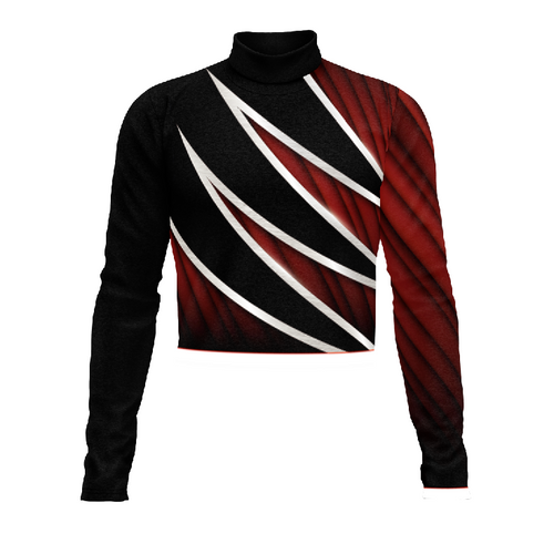 Marching Band Flow Flex Performance Top G089 with black and red diagonal stripe design, long sleeves and high collar
