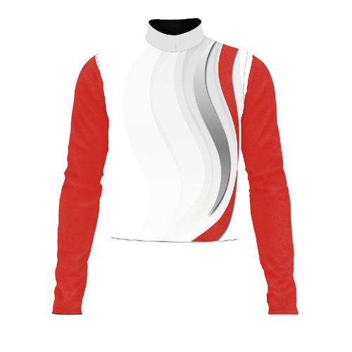 Marching Band Flow Flex Performance Top G090 with white body, red sleeves, and silver wave accent design
