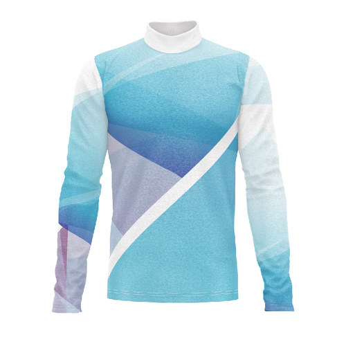 Marching Band Flow Flex Performance Top G097 featuring blue and white geometric design with long sleeves and mock neck