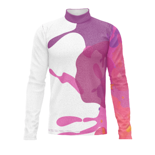 Marching Band Flow Flex Performance Top G098 with long sleeves and high-neck design featuring a pink and white abstract performance fabric