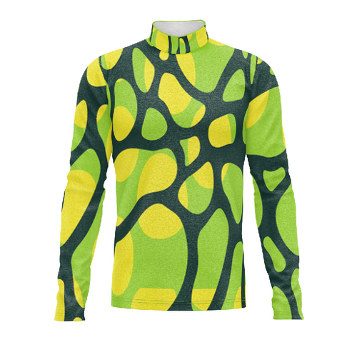 Marching Band Flow Flex Performance Top G099 featuring green and yellow abstract pattern with long sleeves for marching band uniforms