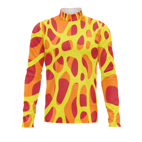 Marching Band Flow Flex Performance Top G100 with high-visibility yellow, orange, and red abstract pattern for competitive marching performances