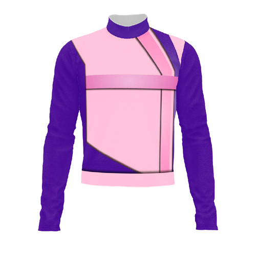 Marching Band Flow Flex Performance Top G102 with purple and pink geometric panel design, long-sleeve uniform top
