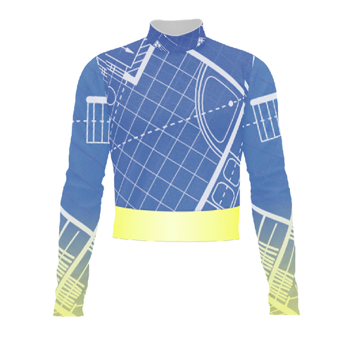 Marching Band Flow Flex Performance Top G104 with blue and yellow geometric design, long-sleeve uniform top