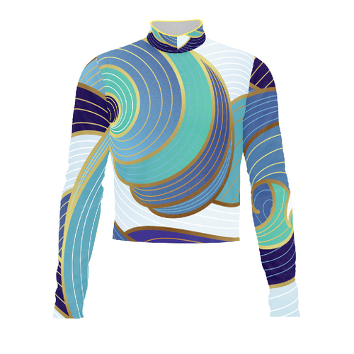 Marching Band Flow Flex Performance Top G115 with long sleeves and abstract swirl design in blue, teal, gold, and white for competitive marching band uniforms