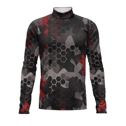 Marching Band Flow Flex Performance Top G116 featuring a dark geometric hexagon pattern in gray and red with long sleeves and a mock neck design