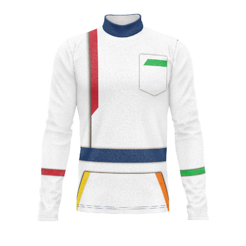 Marching Band Flow Flex Performance Top G119 featuring a white uniform design with multicolor accent stripes, long sleeves, and high collar